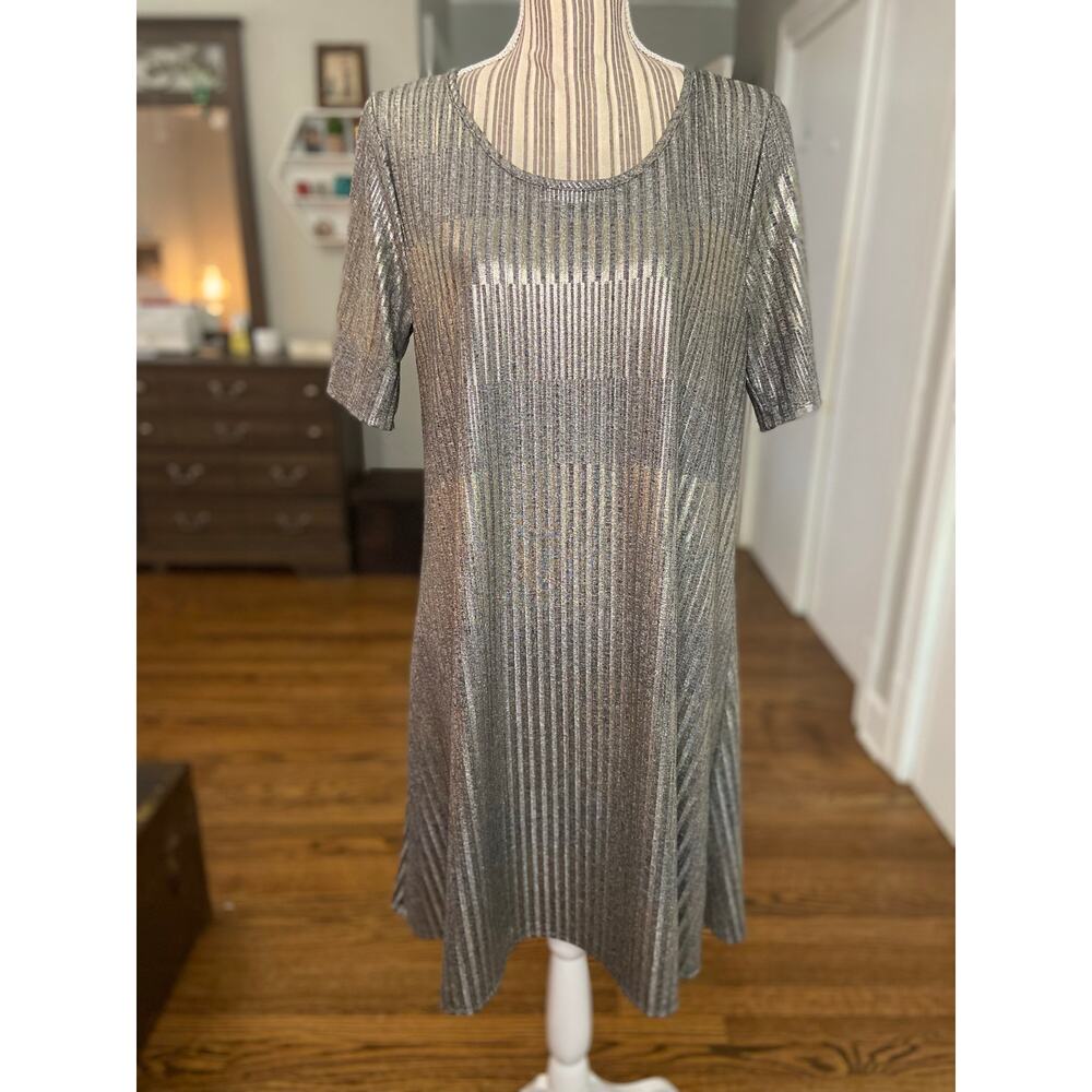 Espresso ribbed knit metallic lurex short sleeve A-line style dress